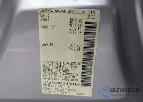 2014 Nissan Altima 2.5 S from USA, damaged, VIN 1N4AL3AP9EN243010